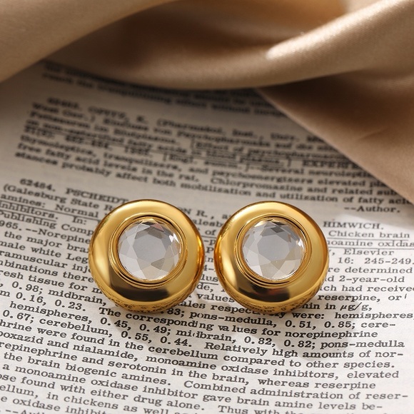 14K Gold Plated Old Money Aesthetic Earrings*Simulated Topaz*Round Chunky Stud - Picture 4 of 4